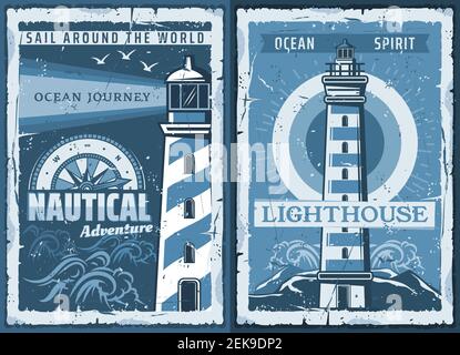 Nautical lighthouse vintage poster of seafarer marine safety sailing adventure. Vector retro ocean or sea beacon on shore with light beams and seagull Stock Vector