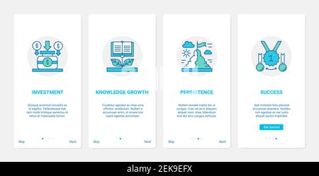 Education investment vector illustration. UX, UI onboarding mobile app page screen set with line educational symbols, investing money in persistent learning and systematization of knowledge growth Stock Vector