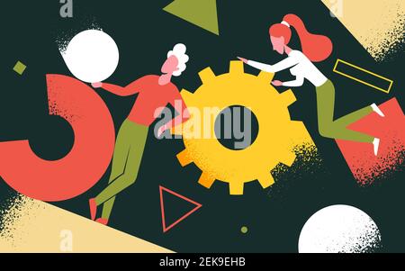 Abstract geometric shapes and flying people, teamwork concept vector illustration. Cartoon tiny woman man team of characters floating in space with figures of geometry, cogwheel gears background Stock Vector