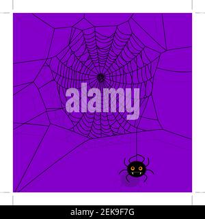 Vector spider web and small spider on purple background. Cartoon illustration. Stock Vector