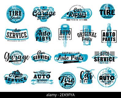 Automobile spare parts workshop, car repair and diagnostic service center lettering icons. Vector automotive garage and mechanic station, tire change Stock Vector