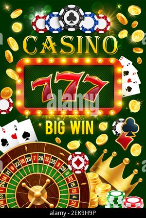 Casino wheel of fortune, poker cards and lucky seven jackpot win. Vector gamble game roulette, dice and poker token chips with golden coins splash in Stock Vector