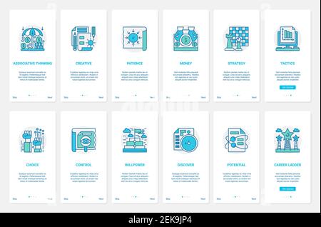Professional business leader control resources vector illustration. UX, UI onboarding mobile app page screen set with line leadership, creative thinking, right choice of strategy and tactics, patience Stock Vector