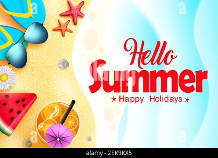 Hello summer vector banner design. Hello summer happy holidays text in sea background with beach elements like sunglasses, flipflop, watermelon. Stock Vector