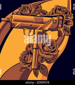 weapont Uzi with red roses vector illustration Stock Vector
