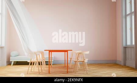 Three dimensional render of interior of almost empty room with blowing curtain Stock Photo