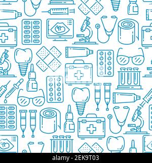 Medical vector seamless pattern with hospital, pharmacy and dentistry icons. Stethoscope, syringe and pills, blood tubes, microscope and tooth implant Stock Vector