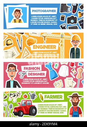 Farmer and fashion designer, photographer and engineer professions banners. Vector cartoon professional workers and work tools building winch, photo c Stock Vector