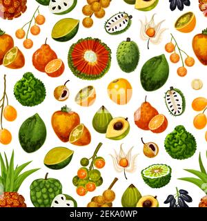 Exotic fruits seamless pattern background. Vector tropical harvest of durian, persimmon or akebia and star apple with champakka or bergamot and tropic Stock Vector