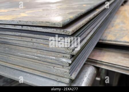 thick hot rolled steel sheets stack corner, close-up. Stock Photo