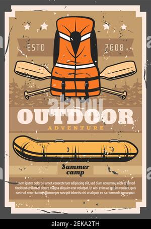 Rafting outdoor sport and recreational activity retro poster. Vector river extreme raft club summer camp, inflatable rafting boat, safety vest and pad Stock Vector