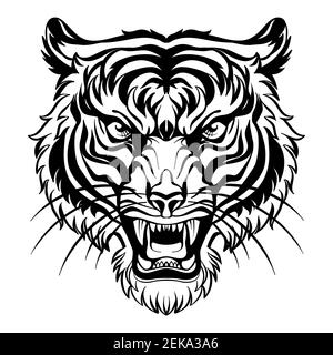 Mascot. Vector head of tiger. Black illustration of danger wild cat isolated on white background. For decoration, print, design, logo, sport clubs, ta Stock Vector