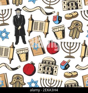 Judaism seamless pattern of Jewish religious and Hanukkah. Vector background of synagogue, Menorah candles or Hamsa hand amulet and rabbi priest, Tora Stock Vector
