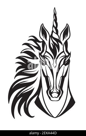 Mascot. Vector head of unicorn . Black illustration of danger wild horse isolated on white background. For decoration, print, design, logo, sport club Stock Vector