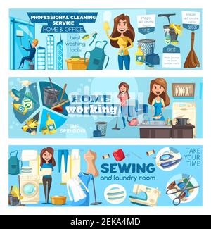 Home cleaning and rope access glass cleaning service banners. Vector office and home washing, mopping, needlework sewing and laundry or dishwashing ho Stock Vector