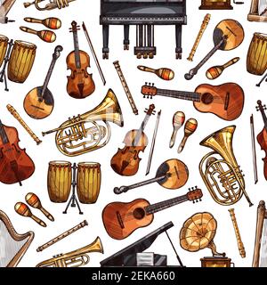 Music instruments seamless pattern background. Vector sketch piano, folk maracas and guitar or vintage phonograph or gramophone, orchestra trombone an Stock Vector