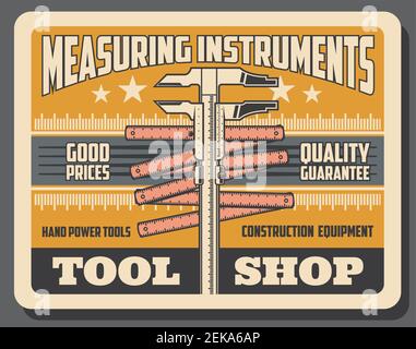 Construction, handy repair and industrial measure tools and equipment shop poster. Vector measuring tape calipers and engineering measuring trammel, p Stock Vector
