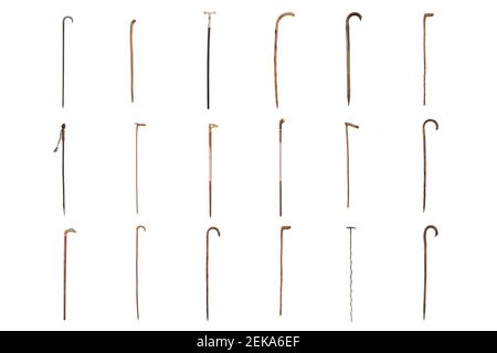 old original wooden and steel walking stick set on white background Stock Photo