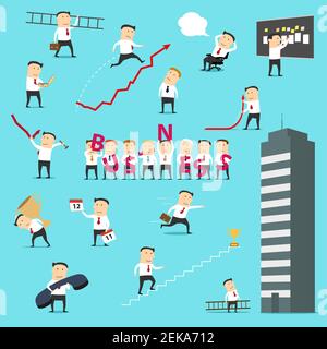 Businessman icons, business situations concept. Vector director or manager man with business letters, success achievement cup, calendar or growth char Stock Vector