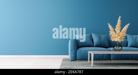 Modern living room design with empty blue mock up wall and blue sofa 3D Rendering, 3D Illustration Stock Photo