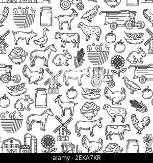 Agriculture and cattle farm seamless pattern. Vector thin line art background of farmer tractor, cattle animals cow, horse or sheep and poultry hen or Stock Vector