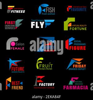 Letter F corporate identity, business company and industry icons. Vector F symbols of fitness gym club, virtual reality technology or fashion salon, s Stock Vector