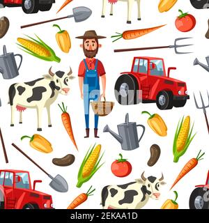Farming and agriculture seamless pattern. Vector background of farmer agronomist, cattle farm cow or harvesting tractor and corn or carrot vegetables Stock Vector
