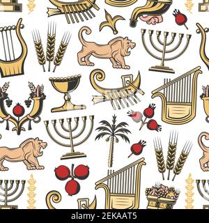 Israel seamless pattern of traditional Jewish symbols. Vector background of Hanukah Menorah candles, cornucopia with pomegranate and Judah lion, harp Stock Vector