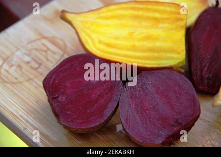 Raw beetroots cut in halves Stock Photo