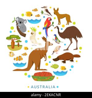 Birds and animals of Australia in round design. Stock Vector