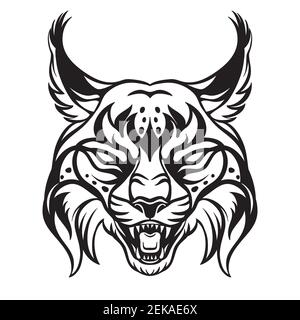 Mascot. Vector head of lynx. Black illustration of danger bobcat isolated on white background. For decoration, print, design, logo, sport clubs, tatto Stock Vector