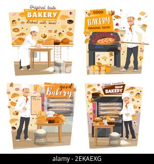Baked bread and pastry at baker shop. Vector baker man profession, baking pizza and baguettes of wheat flour in oven with patisserie sweet desserts an Stock Vector