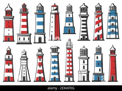 Nautical lighthouse icons, seafarer marine safety sailing light beacon buildings. Vector sea navigator beacon towers architecture with signal light be Stock Vector