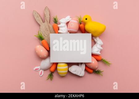 Blank easter greeting card with easter bunny and egg decorations Stock Photo