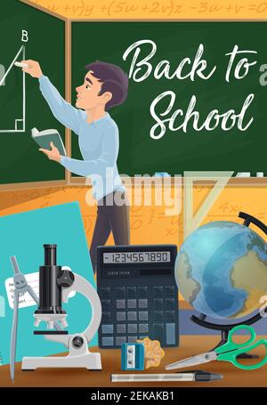 Student drawing geometric shape with chalk on chalkboard, back to school and education vector design. Cartoon boy, ruler and globe, notebook, pen and Stock Vector