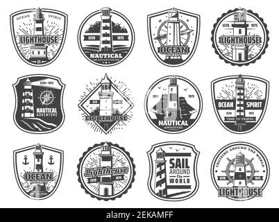 Nautical lighthouse icons, seafarer marine safety sailing adventure badges. Vector sea beacon with light beams, seagulls and anchor, compass navigator Stock Vector