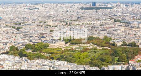 France, Ile-de-France, Paris, Aerial view of Luxembourg Gardens surrounded by white architecture Stock Photo