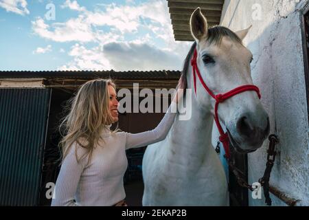Smiling woman consoling horse while standing against stable Stock Photo