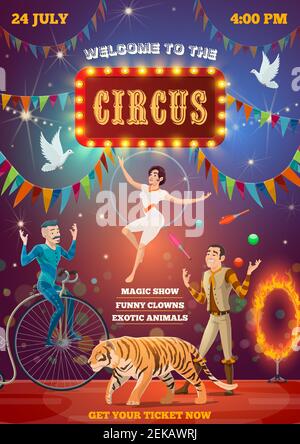 Circus entertainment show, equilibrist and animal tamers. Big top circus arena and performers, tiger in fire ring, juggling man on unicycle and woman Stock Vector