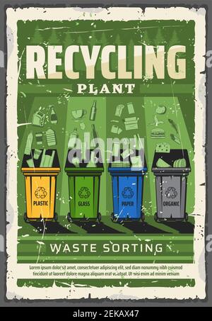 Wastes sorting and garbage recycling plant poster. Vector waste bins for litter sorting with glass, paper or plastic and organic household garbage, gr Stock Vector