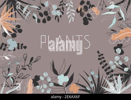 Floral vector illustration in trendy continuous line drawing style and pastel colors. Plants and leaves frame background with copy space for text Stock Vector