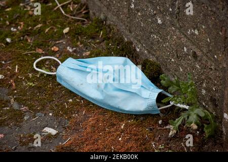 discarded single use mask littering street during coronavirus restrictions Newtownabbey Northern Ireland UK Stock Photo