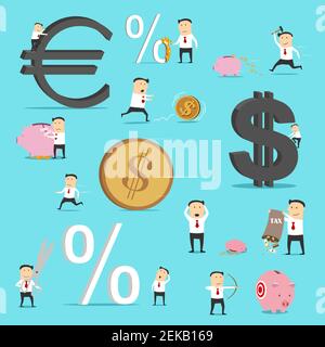Businessman situations, business metaphor icons. Vector office manager character with euro and dollar money income, aim on piggy bank investment savin Stock Vector