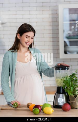 cheerful pregnant woman preparing fruit smoothie in blender Stock Photo