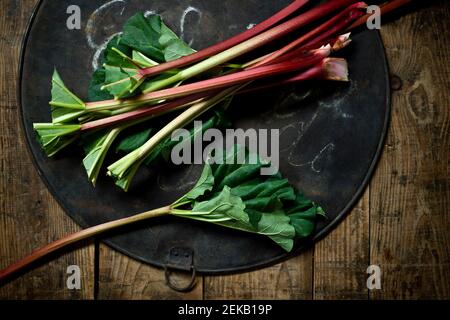 Fresh rhubarb on rustic baking sheet Stock Photo