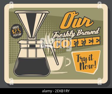 Coffeeshop or coffee brewing cafe vintage poster. Vector coffeehouse and cafeteria coffee beans, cezve brewer pot, cappuccino or hot steam americano a Stock Vector