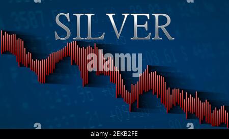 The price of  silver, a commodity and precious metal, keeps falling. The red descending bar chart on a blue background with the silver headline... Stock Photo