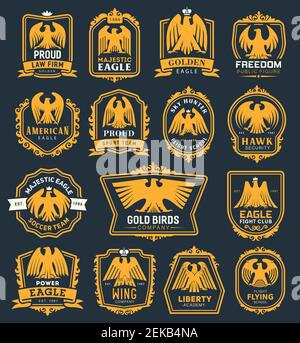 Heraldic golden eagle icons, heraldry hawk bird with crown and ribbon badges. Vector premium fight club, soccer sport team or liberty academy and law Stock Vector