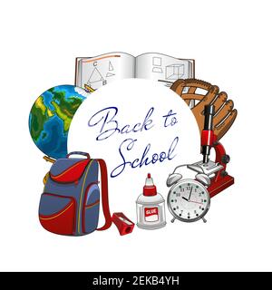 Back to school lettering, students supplies in round frame. Vector textbook on geometry, baseball glove on PT sport lessons, microscope and clock. Glo Stock Vector