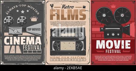 Cinema festival of retro movie vector posters. Film camera, reel and vintage projector, video tape cassettes, clapperboard and film frames. Entertainm Stock Vector